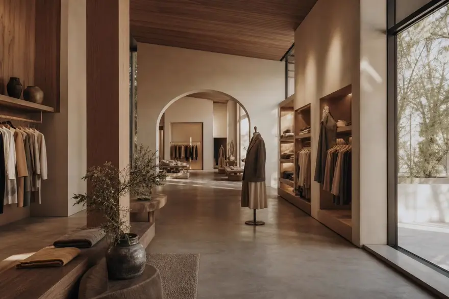 Interior de loja flagship da Aurelia com madeira clara e vitrine iluminada